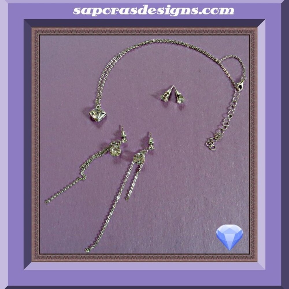 Silver Tone Necklace Dangle & Stud Earrings Jewelry Set With Clear Crystals